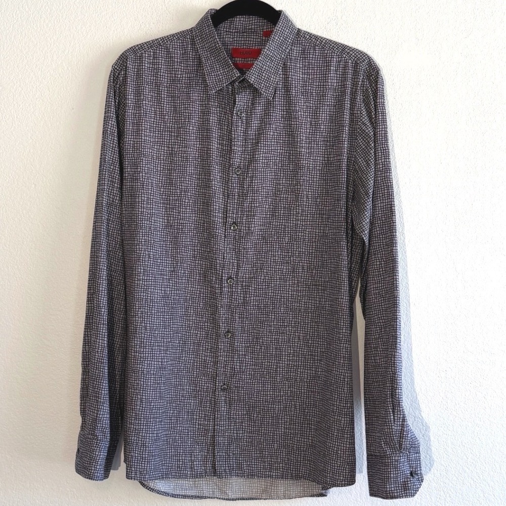 Hugo Boss Elisha Slim Fit Shirt Mens Large Grey Black Grid Print Long Sleeve L